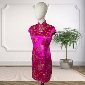💖 Hot Pink Silk Brocade Qipao Dress with Gold Dragon & Phoenix Embroidery